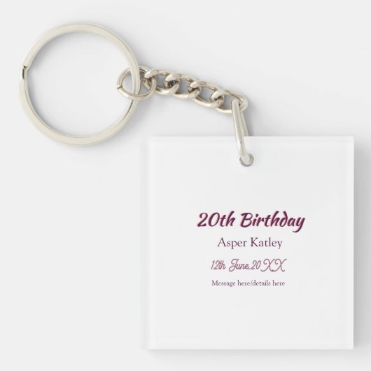 20歳の誕生日ピンクパープル名前日付メッセージシンプル キーホルダー (正面)