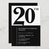 20歳の誕生日招待状白黒エレガント 招待状 (正面/裏面)