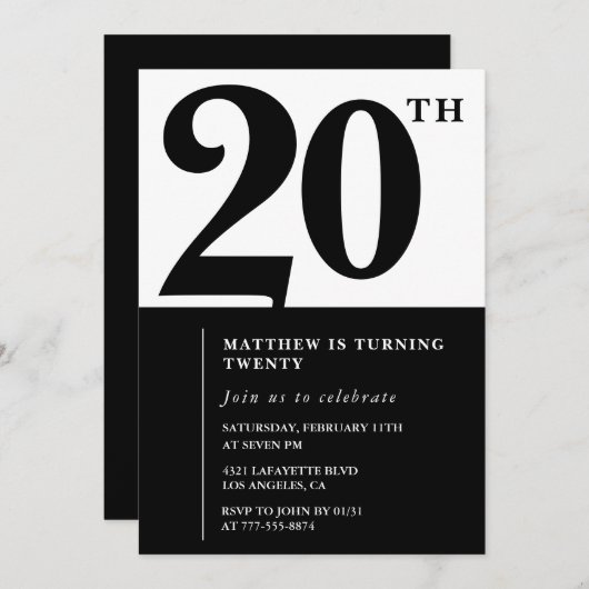 20歳の誕生日招待状白黒エレガント 招待状 (正面/裏面)