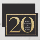 20歳の誕生日招待状 ゴールドグリッター 黒板 招待状 (正面/裏面)