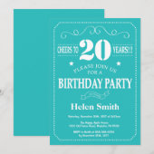 20歳の誕生日招待状 ティールとホワイト 招待状 (正面/裏面)