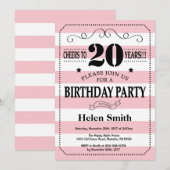 20歳の誕生日招待状 ピンクと白のストライプ 招待状 (正面/裏面)
