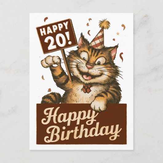 20歳の誕生日 かわいい ユーモアのある猫 ヴィンテージ ポストカード (正面)
