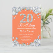 20歳の誕生日 コーラルとシルバーのダイヤモンド 招待状 (スタンド正面)