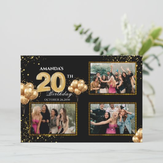 20歳の誕生日 ゴールド シルバー ブラック 風船 招待状 (スタンド正面)