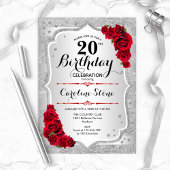 20歳の誕生日 - シルバーのストライプと赤いバラ 招待状