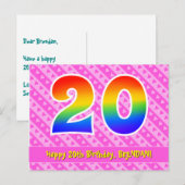 20歳の誕生日：ピンクのストライプとハート、レインボー20 ポストカード (正面/裏面)
