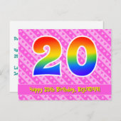 20歳の誕生日:ピンクのストライプとハート、虹色の20 ポストカード (正面/裏面)
