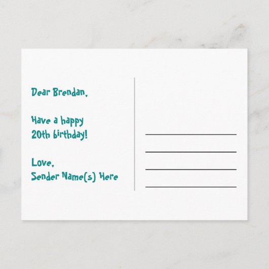 20歳の誕生日:ピンクのストライプとハート、虹色の20 ポストカード (裏面)