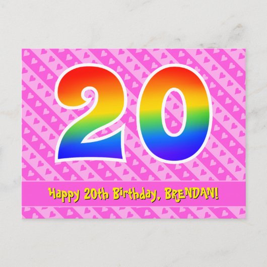 20歳の誕生日:ピンクのストライプとハート、虹色の20 ポストカード (正面)