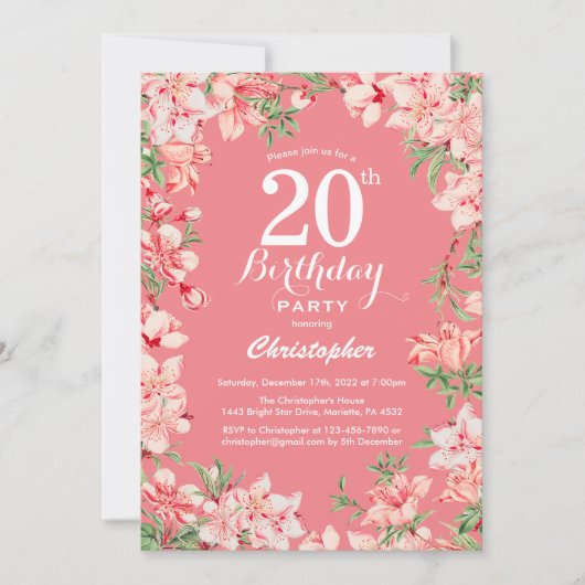 20歳の誕生日 ピンク ボヘミアンフラワーボタニカル フラワー 招待状 (正面)