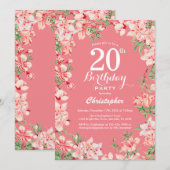 20歳の誕生日 ピンク ボヘミアンフラワーボタニカル フラワー 招待状 (正面/裏面)