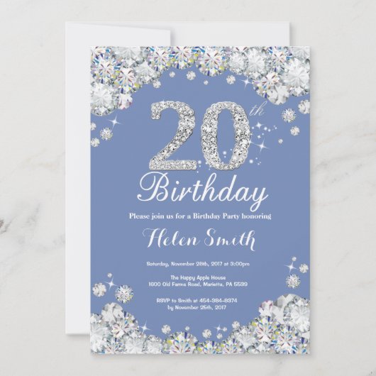 20歳の誕生日 ブルーとシルバーのダイヤモンド 招待状 (正面)