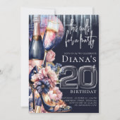 20歳の誕生日 ブルー ピンク ヒール Champagne 招待状 (正面)