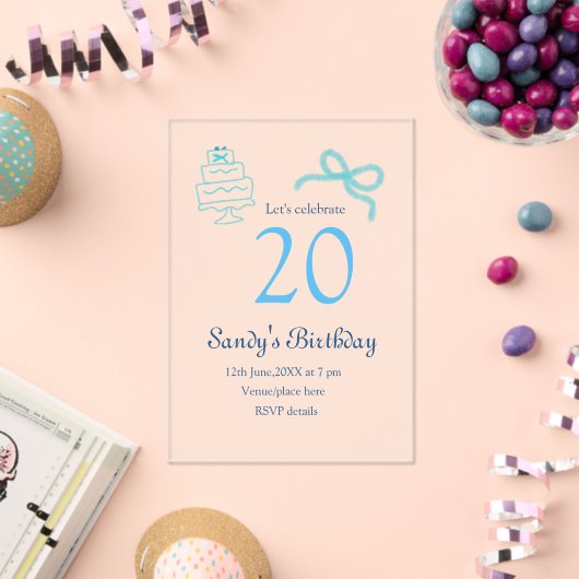 20歳の誕生日 ブルー リボン ケーキ 名前 日付 パステル レトロ アクリル招待状 (インサイチュ (お祝い))