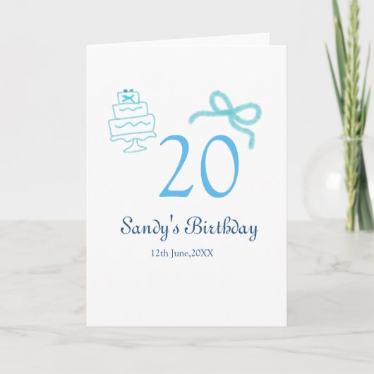 20歳の誕生日 ブルー リボン ケーキ 名前 日付 パステル レトロ カード (正面)