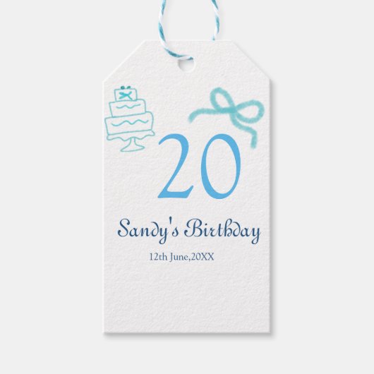 20歳の誕生日 ブルー リボン ケーキ 名前 日付 パステル レトロ ギフトタグ (正面)