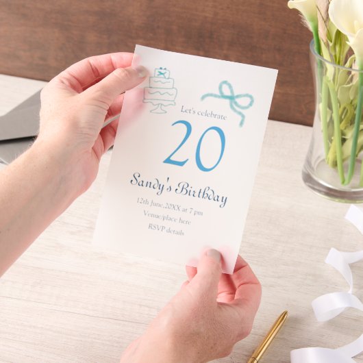 20歳の誕生日 ブルー リボン ケーキ 名前 日付 パステル レトロ ベラム紙招待状 (ポータブル)