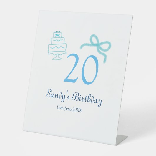 20歳の誕生日 ブルー リボン ケーキ 名前 日付 パステル レトロ 台座サイン (正面)