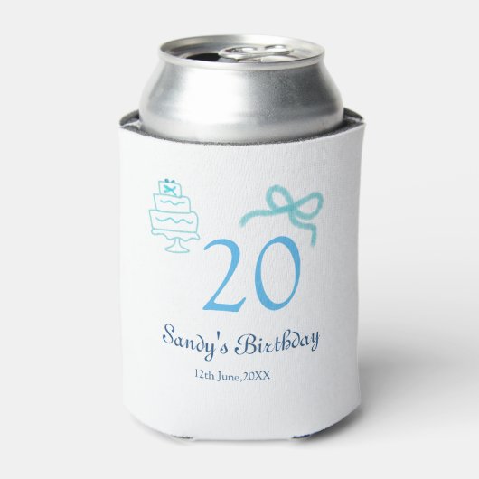 20歳の誕生日 ブルー リボン ケーキ 名前 日付 パステル レトロ 缶クーラー (缶正面)