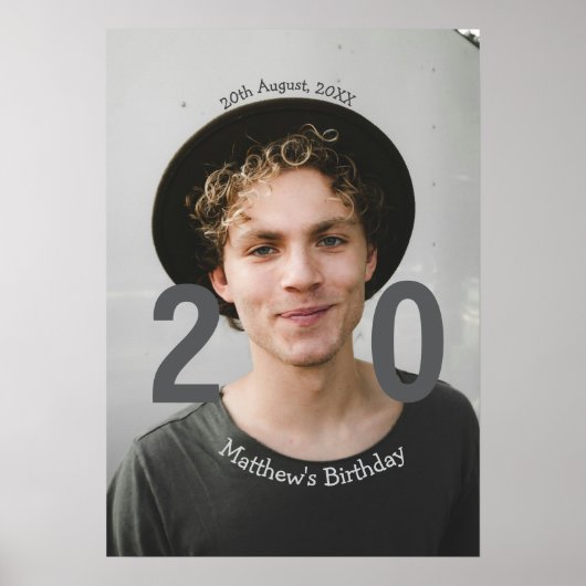 20歳の誕生日 名前を追加 写真 日付 男 青 白 ポスター (正面)