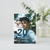 20歳の誕生日 名前 フォト 日付 男 青 白 シンプル ポストカード (スタンド正面)