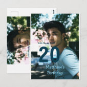 20歳の誕生日 名前 フォト 日付 男 青 白 シンプル ポストカード (正面/裏面)