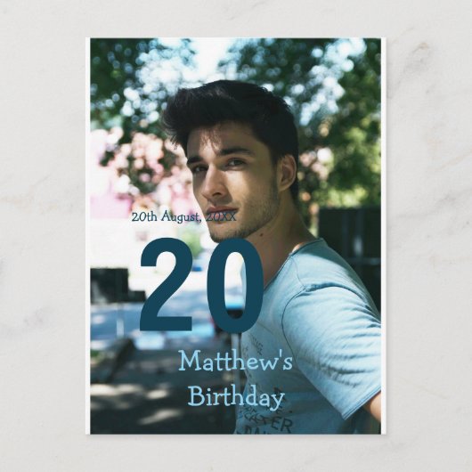 20歳の誕生日 名前 フォト 日付 男 青 白 シンプル ポストカード (正面)