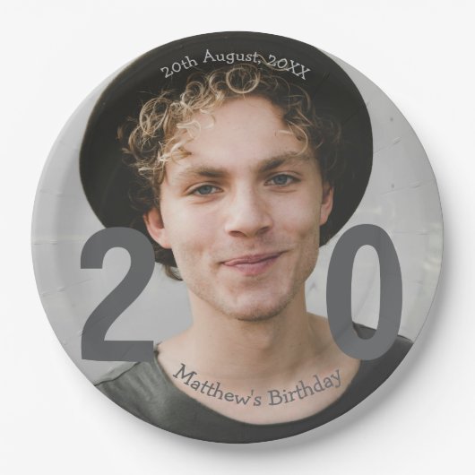 20歳の誕生日 名前 フォト 日付 男 青 白 S ペーパープレート (正面)