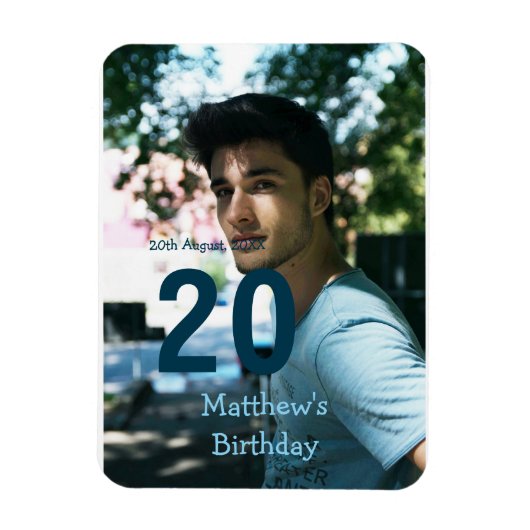 20歳の誕生日 名前 フォト 日付 男 青 白 S マグネット (縦)