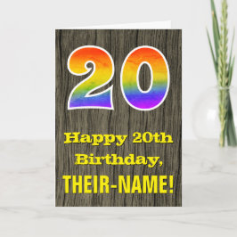 20歳の誕生日：素朴な偽の木の表情、虹の「20」 カード