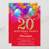 20歳の誕生日 赤と金のカラフルな風船 招待状 (正面/裏面)