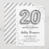 20歳の誕生日 - 銀の風船 招待状 (正面/裏面)