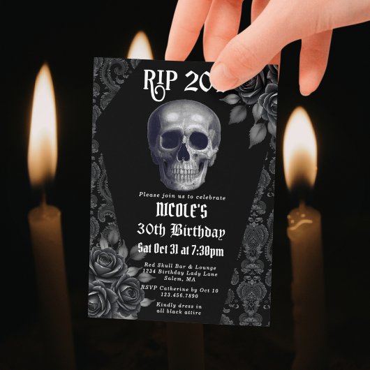 20歳よ永眠せよ 黒と白のゴシックドクロ 30歳の誕生日 招待状