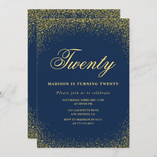 20歳エレガントの誕生日の招待ネイビー金ゴールドグリッター 招待状 (正面/裏面)