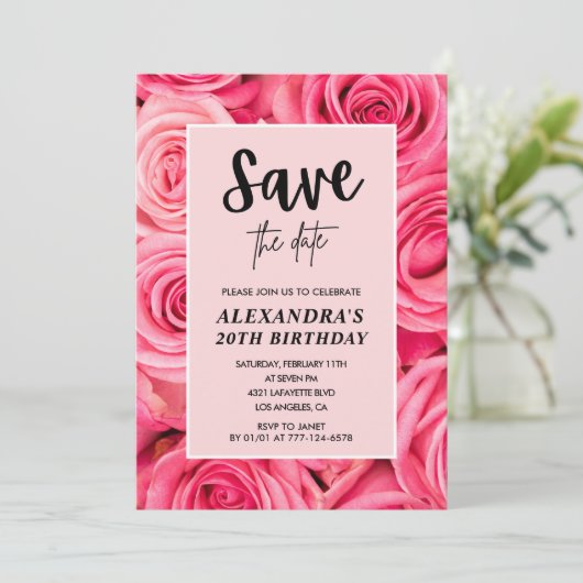 20歳エレガントの誕生日フローラバラ日付を保存 招待状 (スタンド正面)