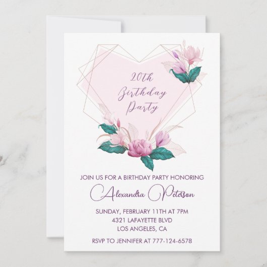 20歳エレガントの誕生日招待状ピンクフローラ 招待状 (正面)
