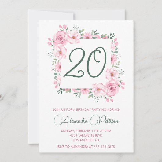 20歳エレガントの誕生日招待状フローラピンク 招待状 (正面)