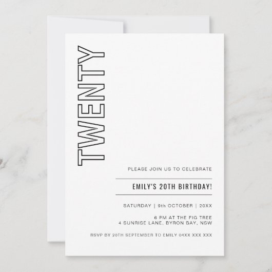 20歳モダン誕生日パーティーへの招待 招待状 (正面)