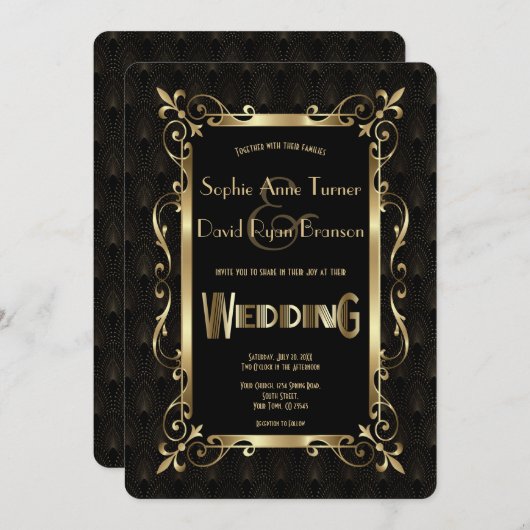 20王室の年代の金ゴールドアールデコ結婚 招待状 (正面/裏面)