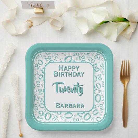 20番目のパーティー乱数パターンティール（緑がかった色）/白 ペーパープレート (ウェディング)