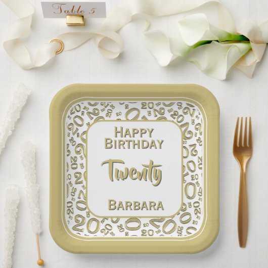 20番目のパーティー乱数パターン金ゴールド/白 ペーパープレート (ウェディング)