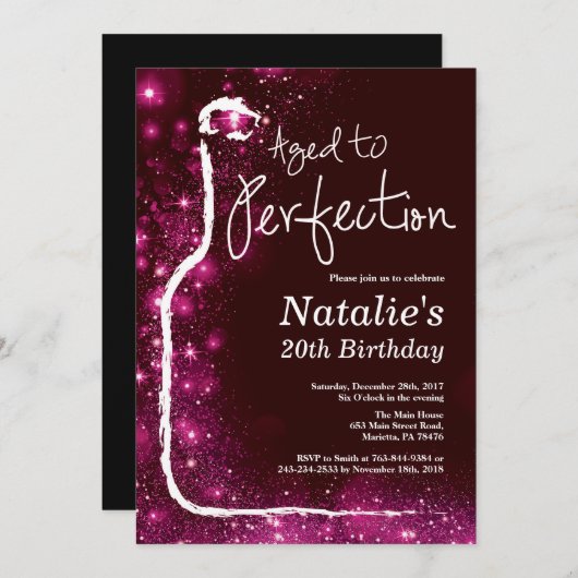 20番目のワイン誕生日熟成から完璧なピンクグリッター 招待状 (正面/裏面)