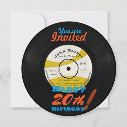 20番目の誕生日招待状レトロ45 RPMビニールレコード 招待状 (正面)