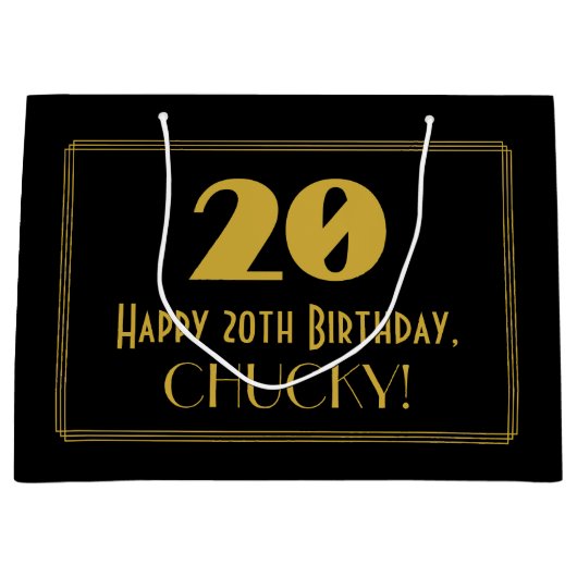 20番目の誕生日:インスパイアアールデコの「20」の外観と名前 ラージペーパーバッグ (正面)