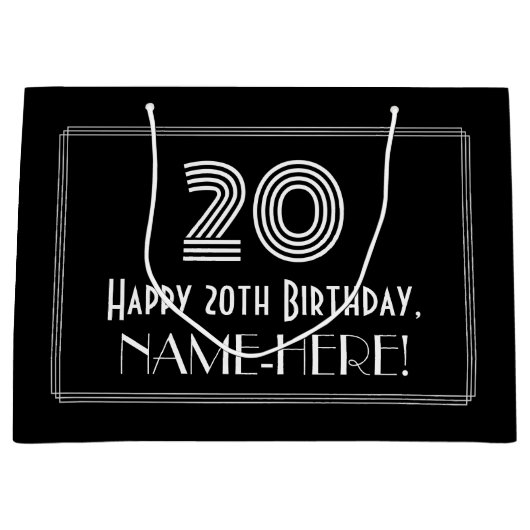 20番目の誕生日:インスパイアアールデコの「20」の外観と名前 ラージペーパーバッグ (正面)