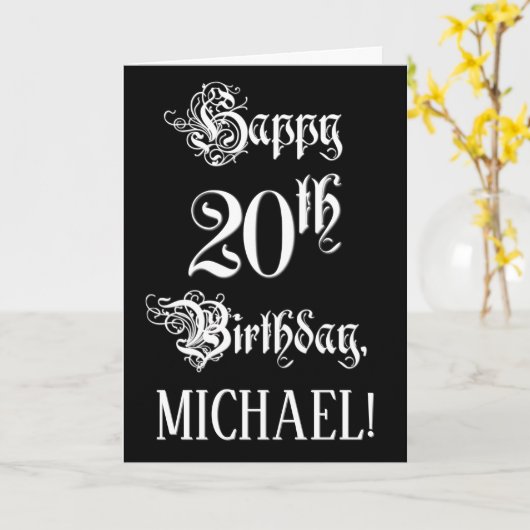 20番目の誕生日: ファンシー、スクリプエレガントト+名前をカスタムする カード (黄色い花)