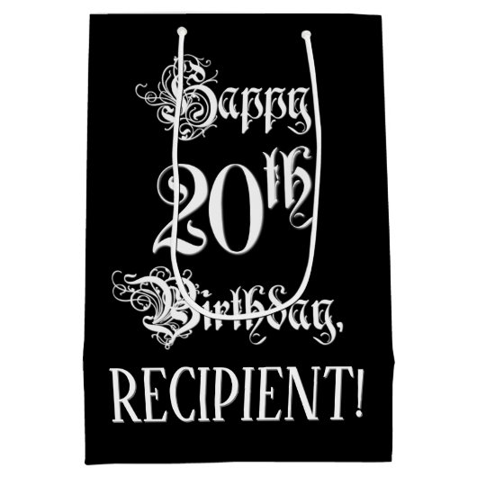 20番目の誕生日: ファンシー、スクリプエレガントト+名前をカスタムする ミディアムペーパーバッグ (裏面)