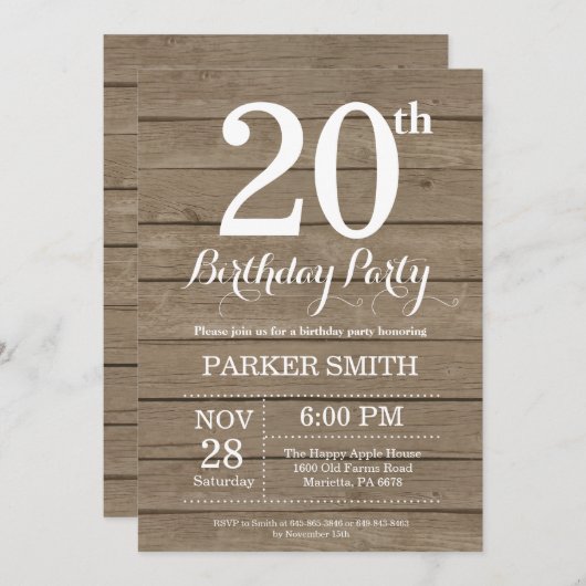 20素朴番目の誕生日招待状 招待状 (正面/裏面)