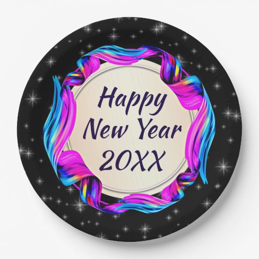 20絵を描xx 9年の新年を迎えるナイトスカイのリボン ペーパープレート (正面)